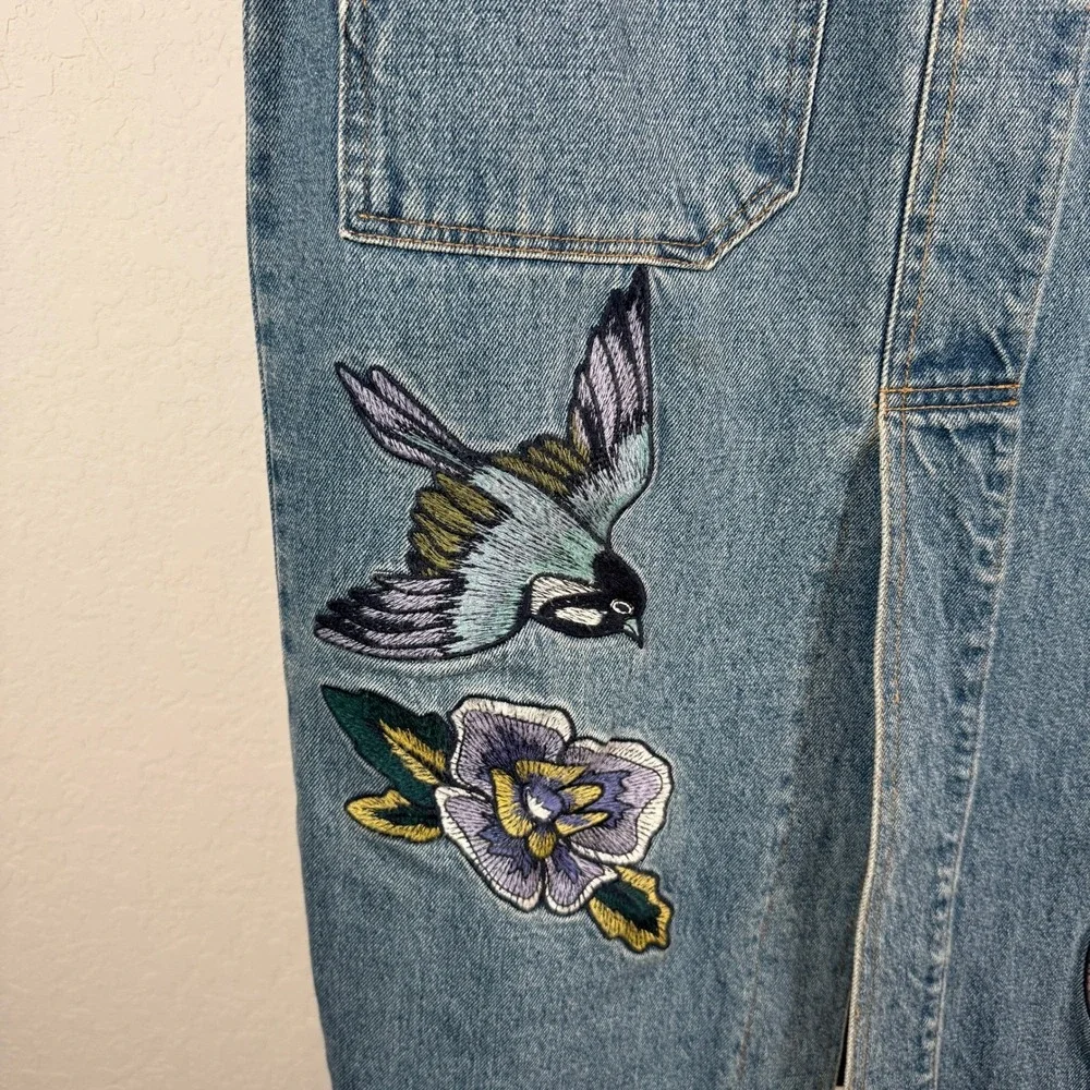 Denim Midi Skirt Embroidered Bird Flowers Blue Jean Pencil Skirt Size‎ L